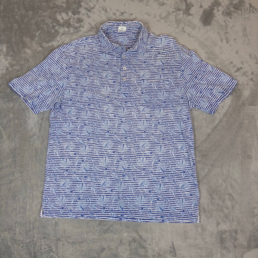 Johnnie-O Polo Shirt Mens Large Blue Tropical Stripe Hangin Out Short Sleeve